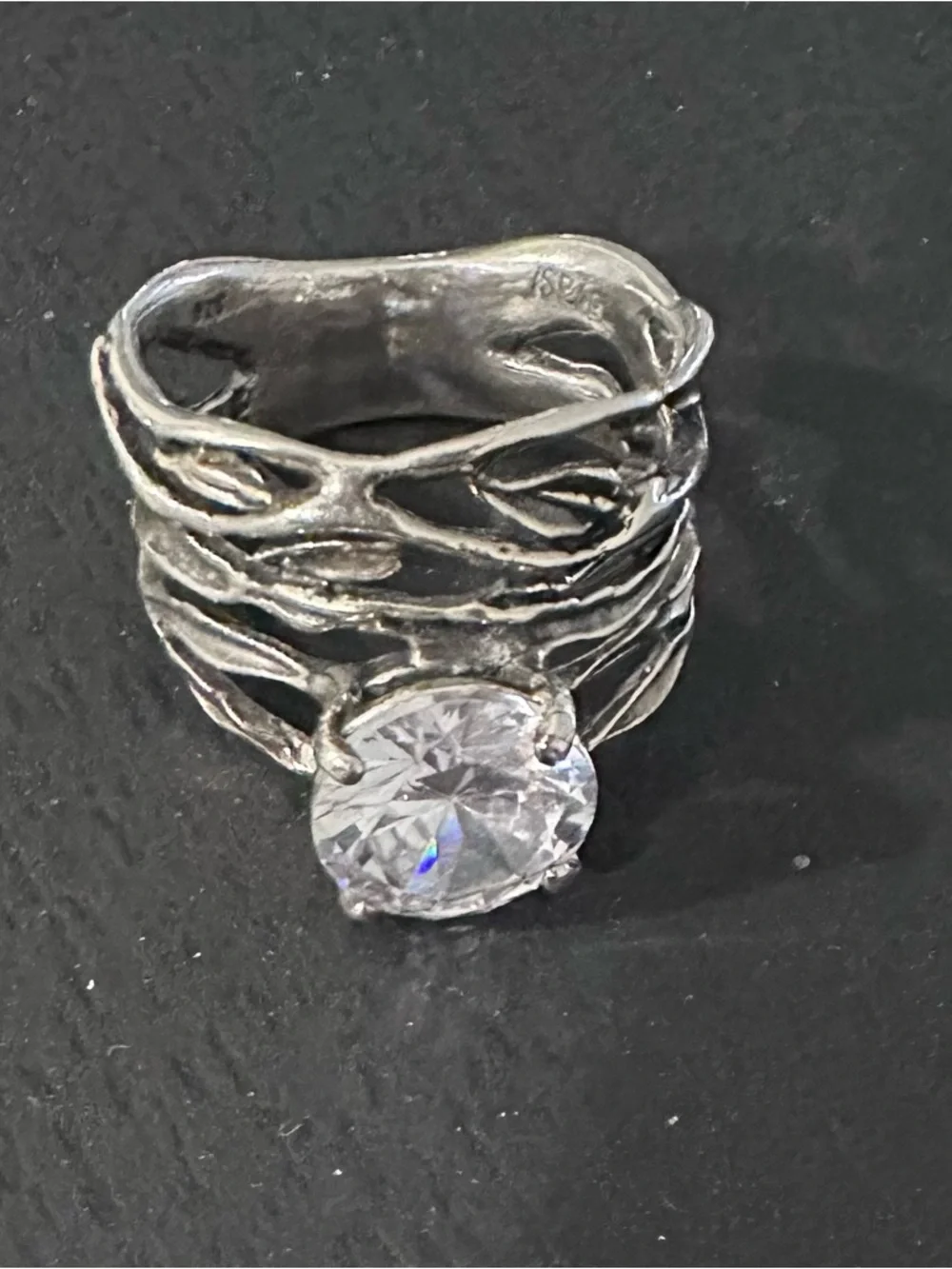 Sterling Silver Sculpted Band Ring with Clear Round Crystal Size 8 - Picture 2 of 3